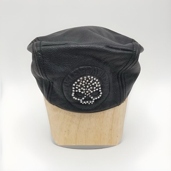 Harley-Davidson Black Debossed Willie G Skull Leather Cap Sz Small Bedazzled - Picture 1 of 11